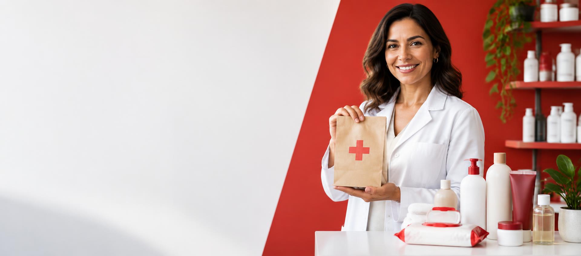 Farmacêutica apresentando produtos de higiene e beleza