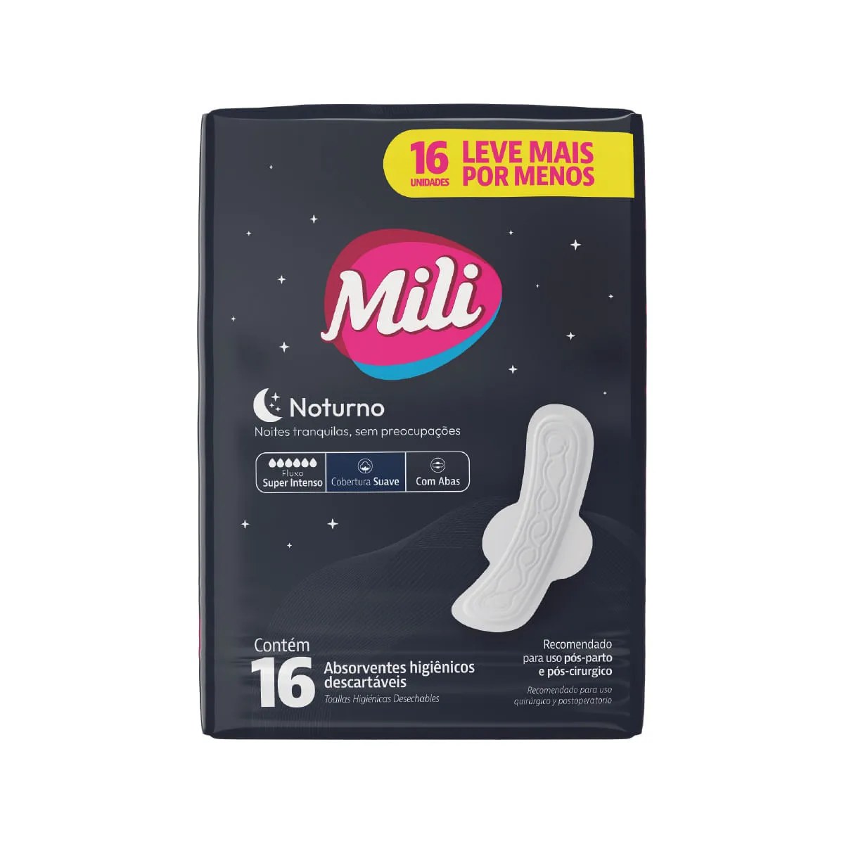 Absorvente Mili Noturno Com 16 Leve+pague- Suave Com Abas Especial — foto do produto em fundo branco