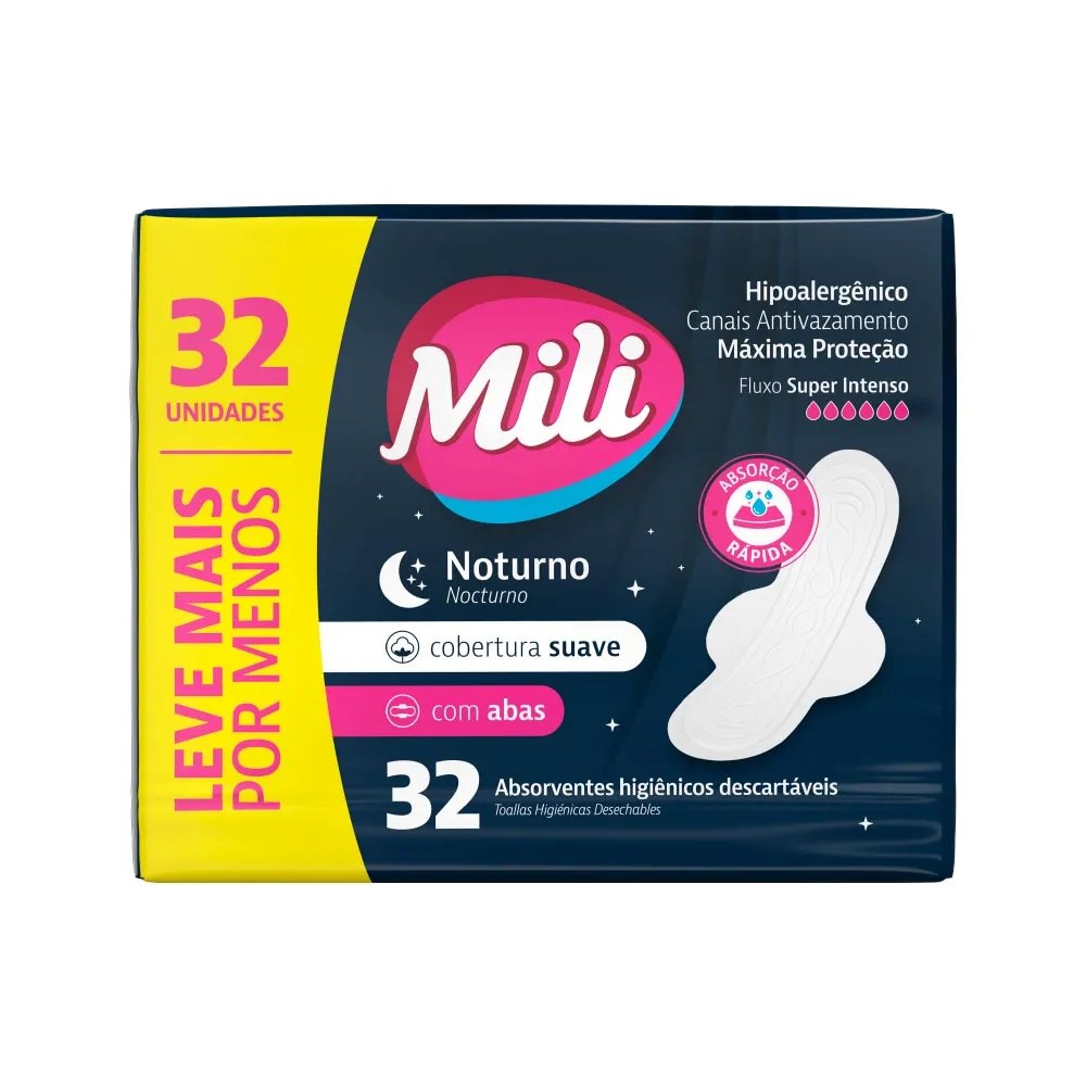 Absorvente Mili Noturno Com 32 Leve+ Pague- Suave Com Abas Especial — foto do produto em fundo branco