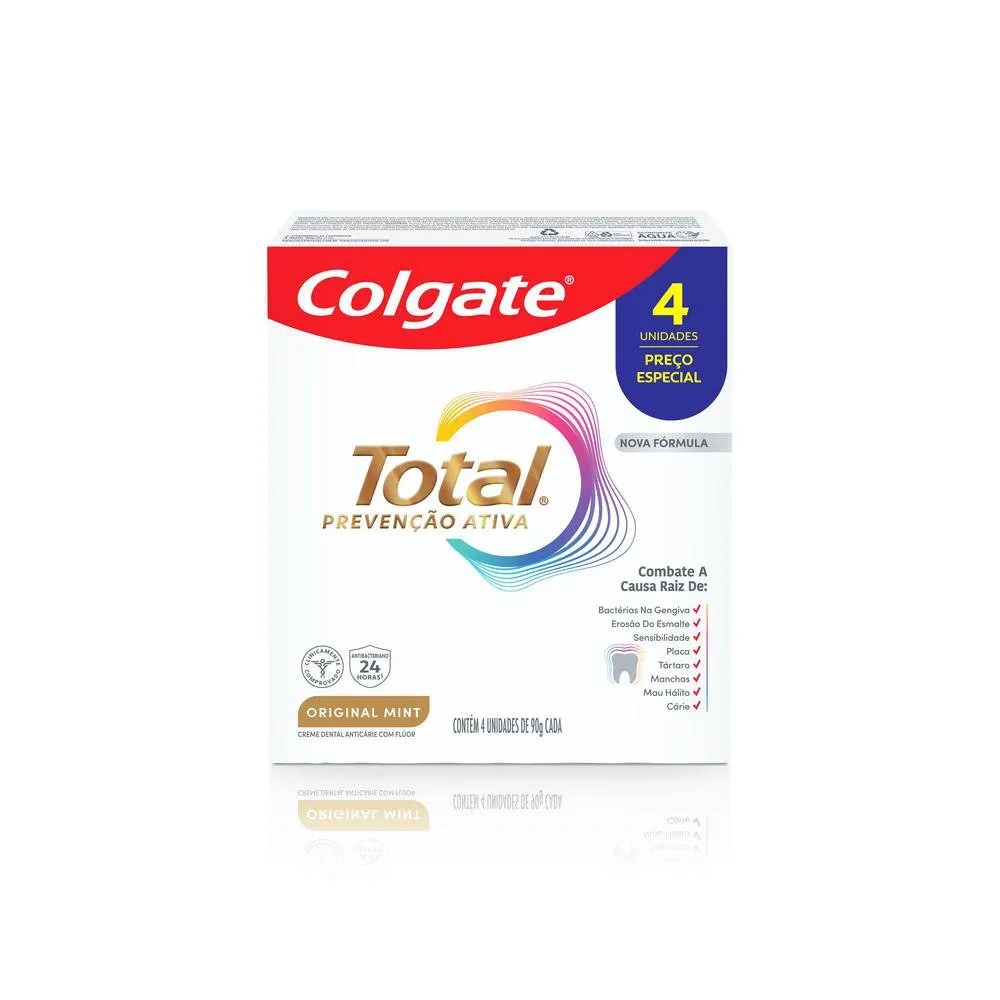Creme Dental Colgate Total Prevenção Ativa Original Mint 90g 4 Unidades — foto do produto em fundo branco
