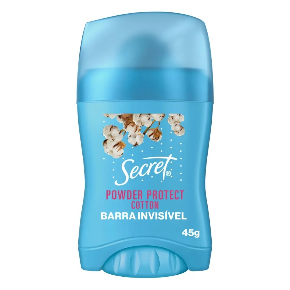 Desodorante Secret Feminino 45gr Stick Powder Protect Barra Cotton — foto do produto em fundo branco