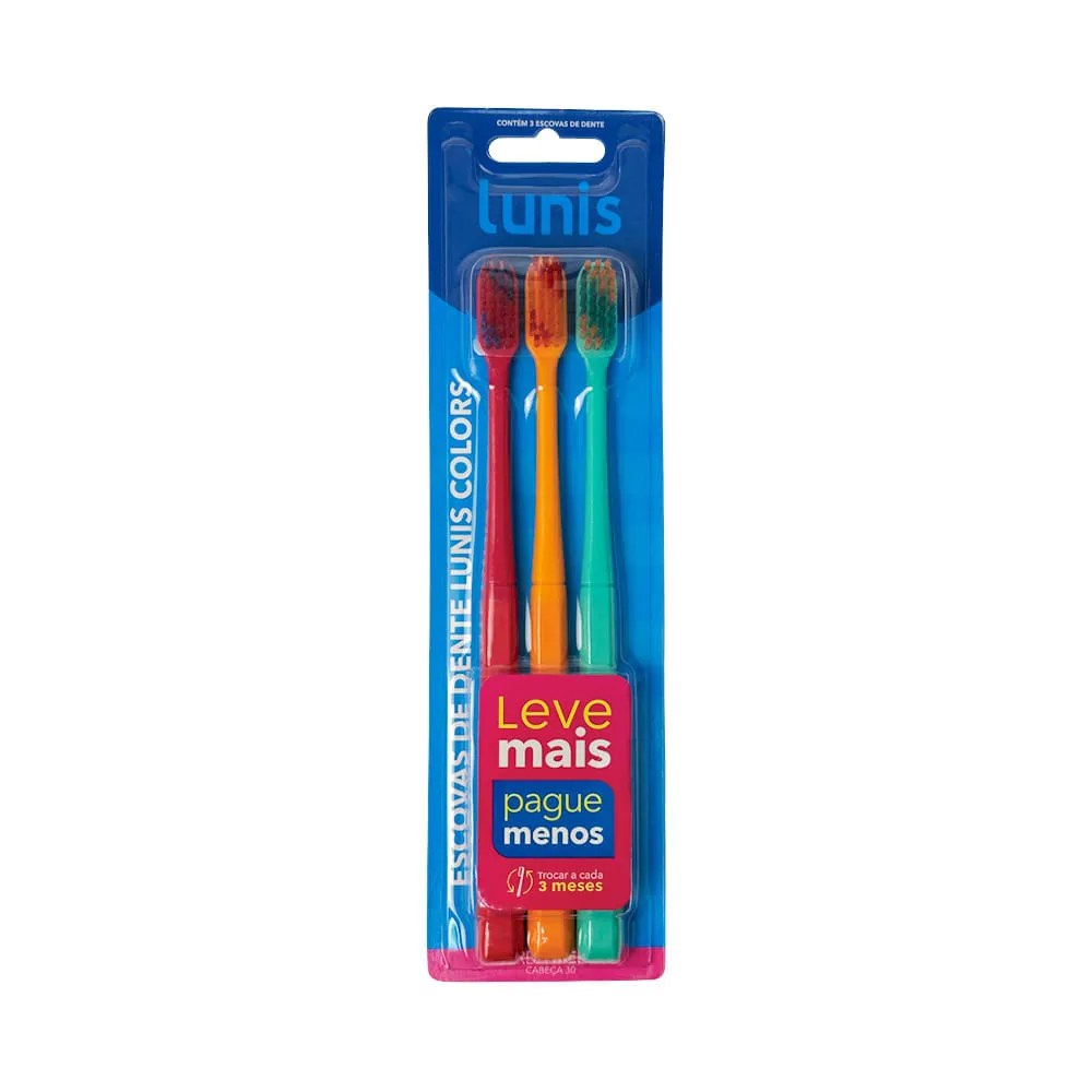 Escova De Dente Lunis Colors Média 3 Unidades — foto do produto em fundo branco