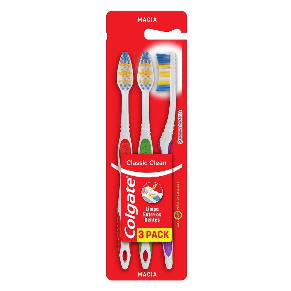 Escova Dental Colgate Classic Clean Macia 3 Unidades — foto do produto em fundo branco