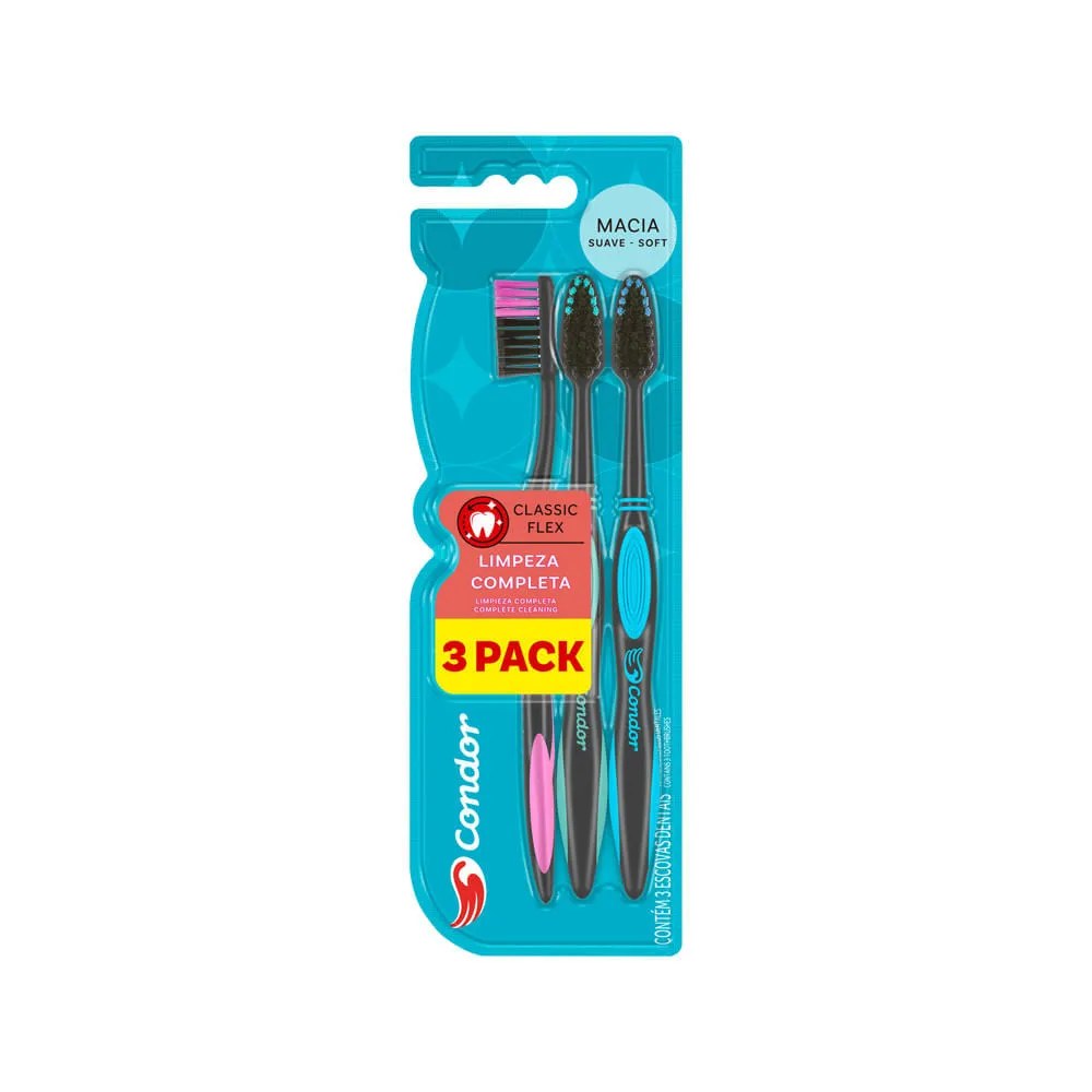 Escova Dental Condor Com 3 Unidades Classic Flex Macia — foto do produto em fundo branco