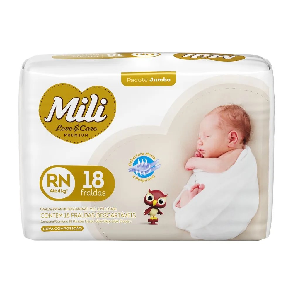 Fralda Mili Love E Care Premium Com 18 Tamanho Rn Jumbo — foto do produto em fundo branco