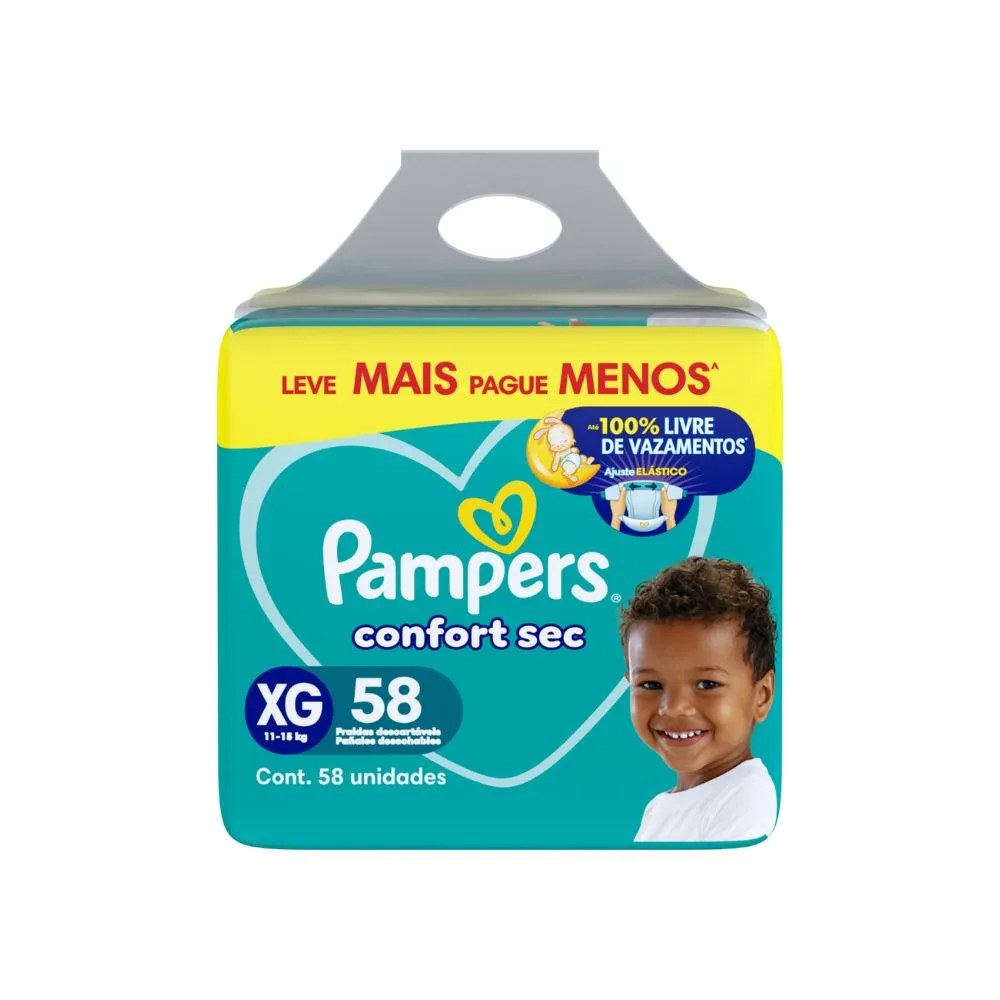 Fralda Pampers Confort Sec Xg Super Fortebag Com 58 Unidades Leve Mais Pague Menos Especial — foto do produto em fundo branco