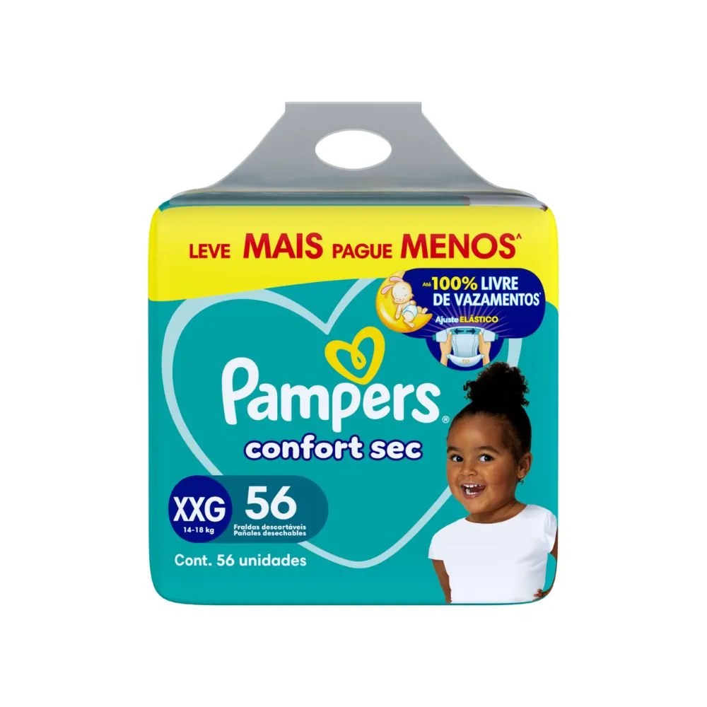 Fralda Pampers Confort Sec Xxg Super Fortebag Com 56 Unidades Leve Mais Pague Menos Especial — foto do produto em fundo branco