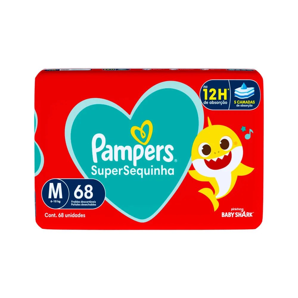 Fralda Pampers Supersequinha Baby Shark M 68 Unidades — foto do produto em fundo branco