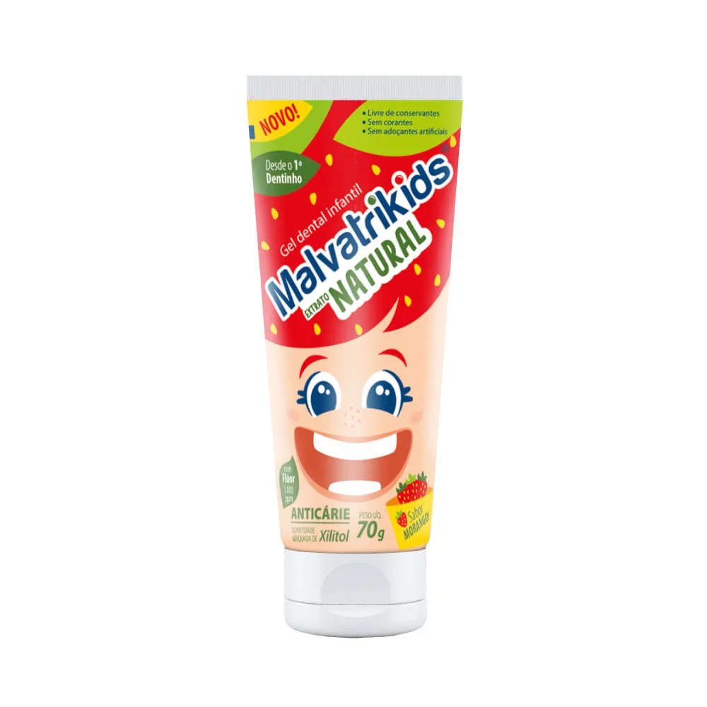 Gel Dental Infantil Malvatrikids Extrato Natural Sabor Morango 70g — foto do produto em fundo branco