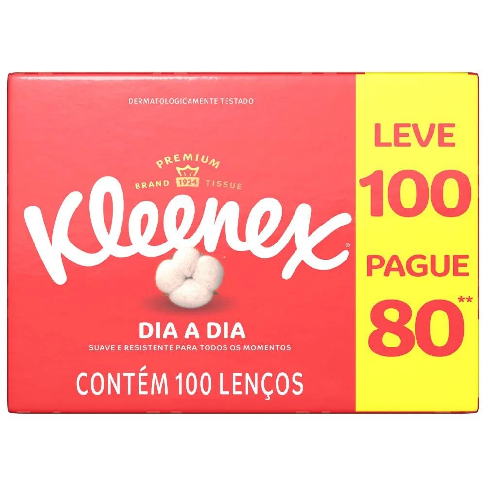 Lenco De Papel Kleenex Dia A Dia Leve 100 Pague 80 Unidades — foto do produto em fundo branco