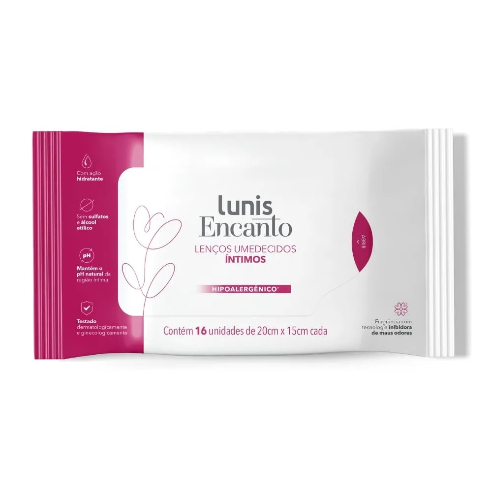 Lenço Umedecido Íntimo Lunis Encanto 16 Unidades — foto do produto em fundo branco