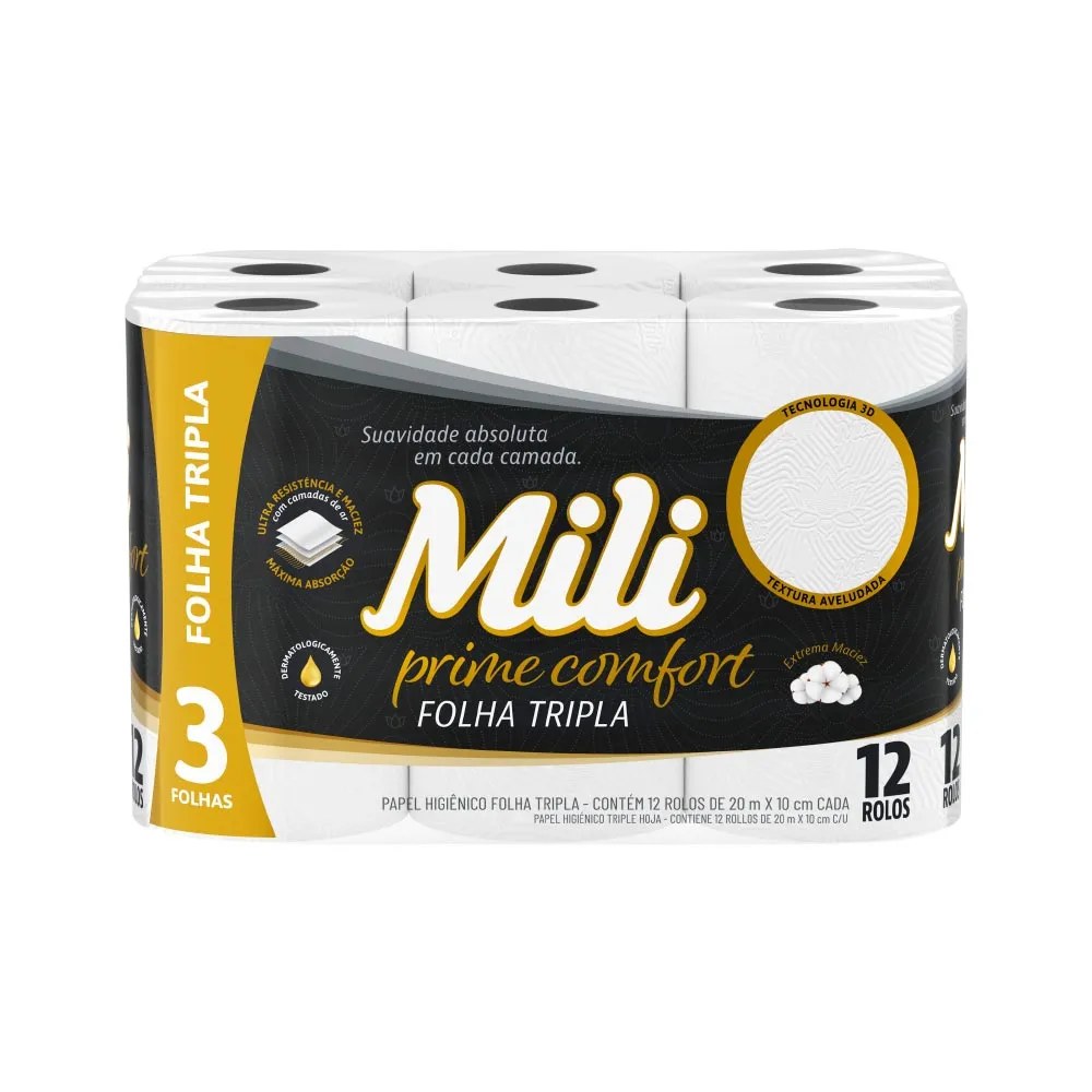 Papel Higienico Mili Prime Comfort Com 12 Folha Tripla — foto do produto em fundo branco