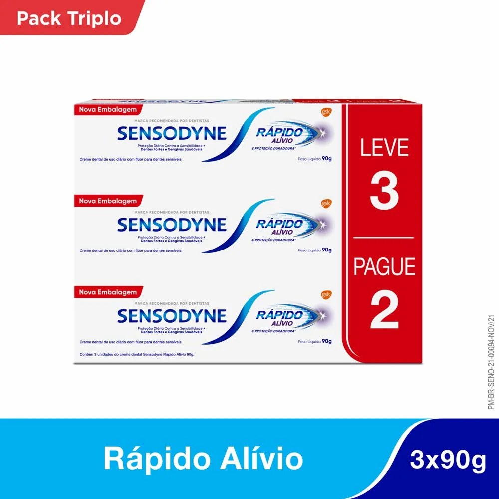 Sensodyne Rápido Alívio - Kit De Creme Dental, Alívio Para Dentes Sensíveis, Com 3 Unidades De 90g — foto do produto em fundo branco